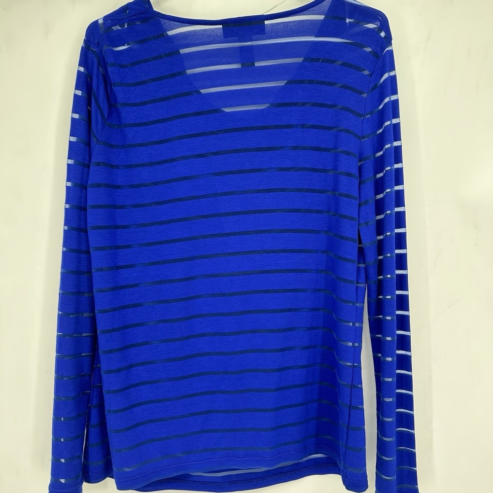 INC Women's Blue Sheer Stripe Cowl Neck Top L Elegant Office Chic Minimalist - Picture 8 of 9